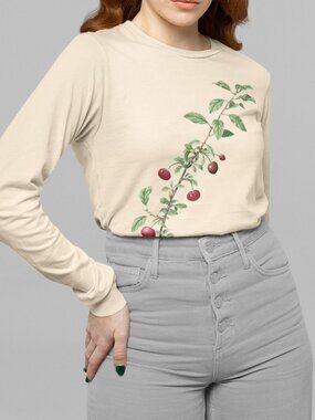 Wild Cherry Vintage Botanical Print Long Sleeve Graphic Tee T-shirt S-XXL